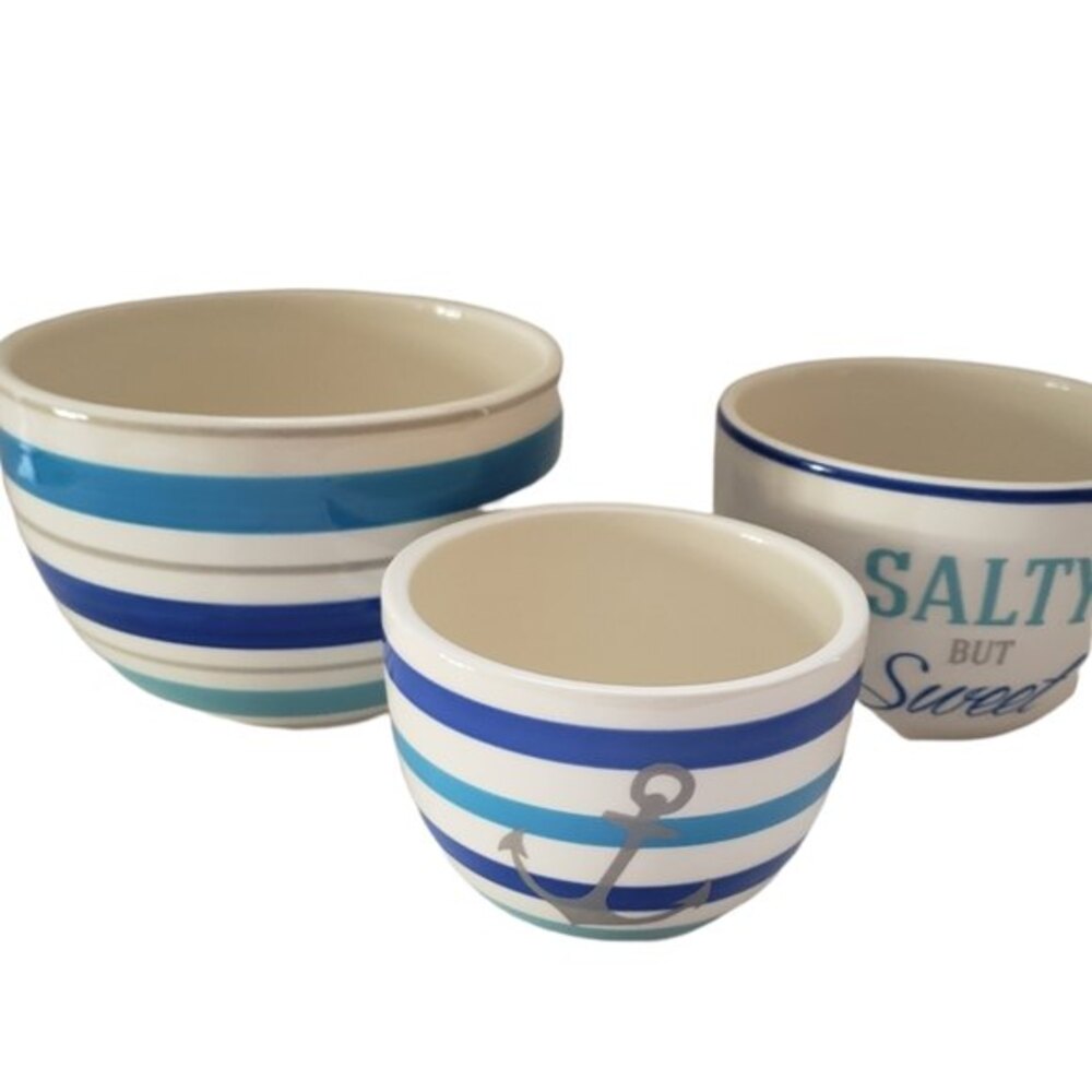 Nautical Bowl Set of 3 Ceramic Nesting Style Bowls Blue and White Nautical Theme